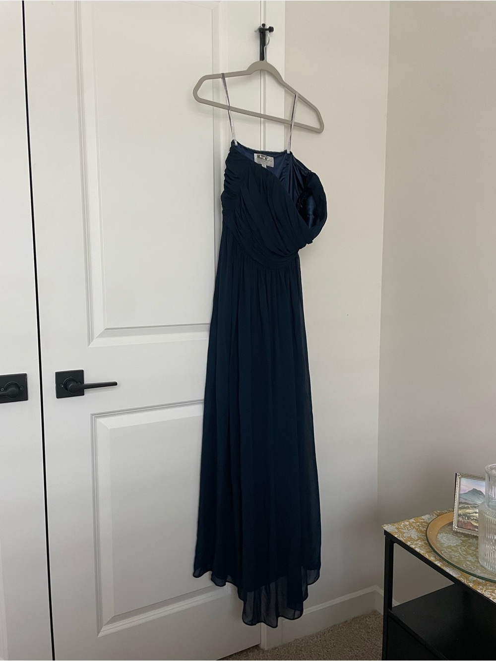 Navy Strapless Pleated Gown